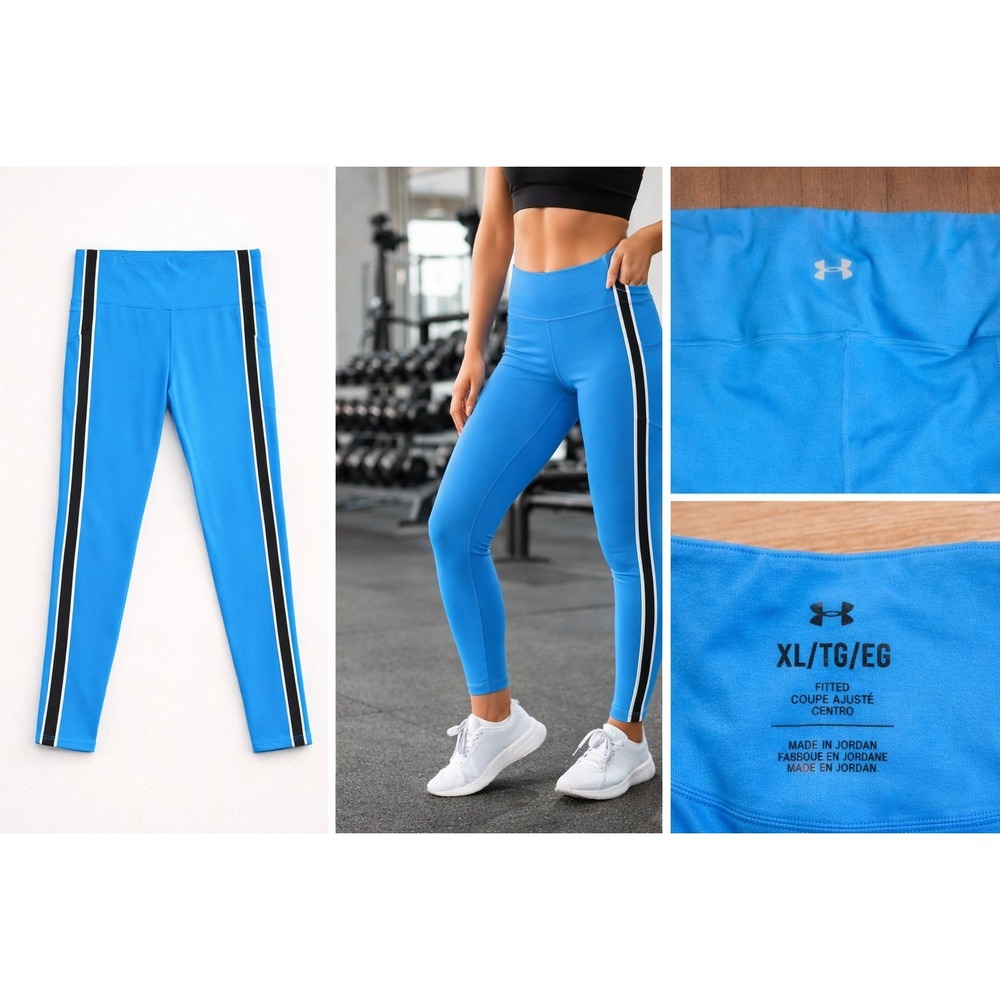 Under Armour Blue Leggings XL High Rise Athletic Gym Yoga Side Stripe Pocket